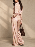 Women Two Piece Paisley Satin Shirt and Wide Leg Pants Outfit