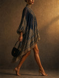 Women Gold Paisley Print Chiffon Lantern Sleeve Mini Dress