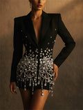 Women Black Rhinestone Sequins Fringe Blazer Mini Dress