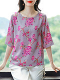 Female Elegant Summer Floral Print O-Neck Half Sleeve Shirt