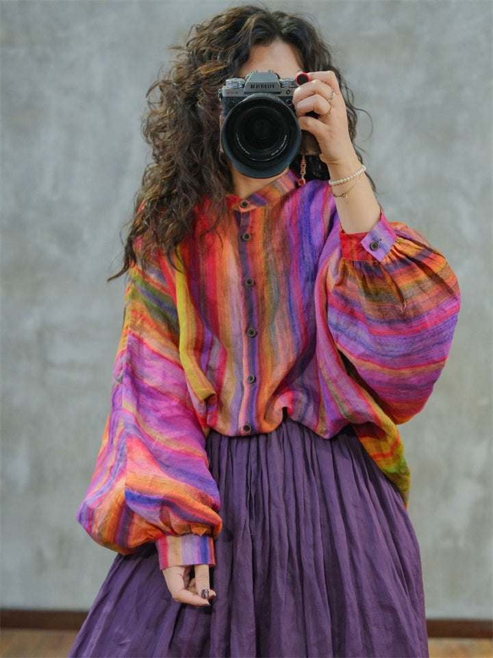 Ladies Vintage Rainbow Printed Lantern Sleeve Shirts