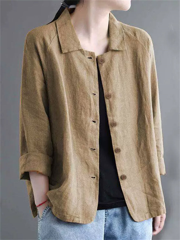 Women's Retro Casual Solid Color Button Up Lapel Cardigan Shirts