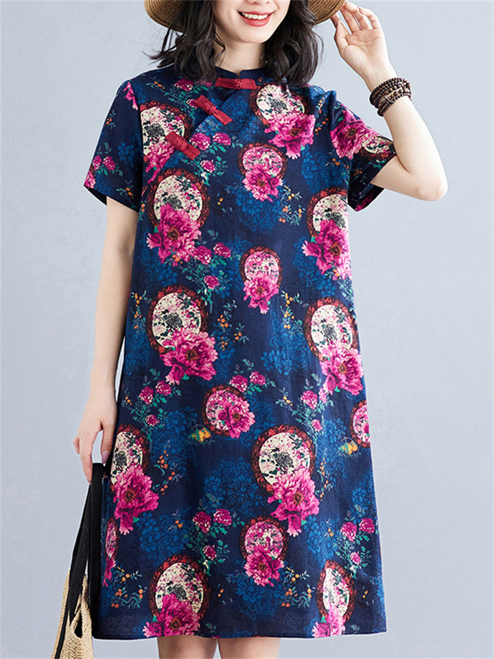 Women's Retro Flowers Print A-Line Loose Cheongsam Dress