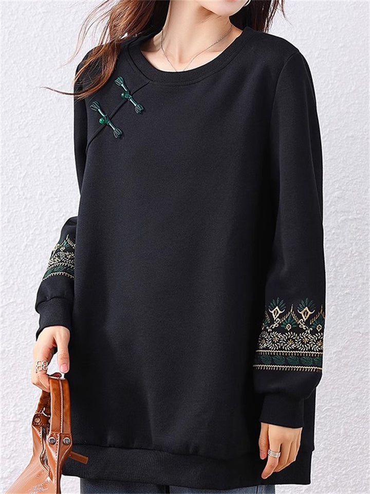 Women's Loose Black Embroidery O-Neck Pullover Sweatshirt