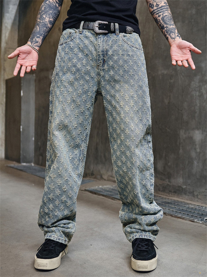 Men's American Style Vintage Jacquard Regular Fit Straight Leg Jeans