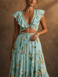Women 2 Piece Blue Boho Daisy Floral Ruffle Top and Tiered Maxi Skirts Set