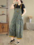 Women's Floral Print Contrast Color Overall Denim Jumpsuits