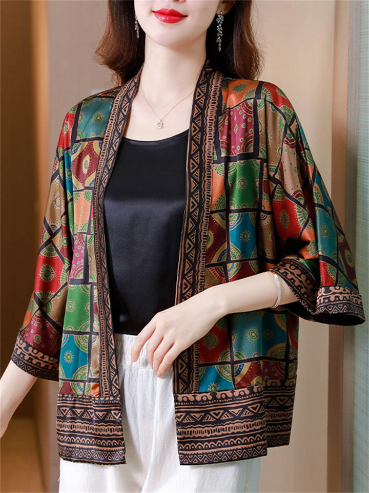 Women's Trendy 3/4 Sleeve Geometry Print Patchwork Cardigan Shirts