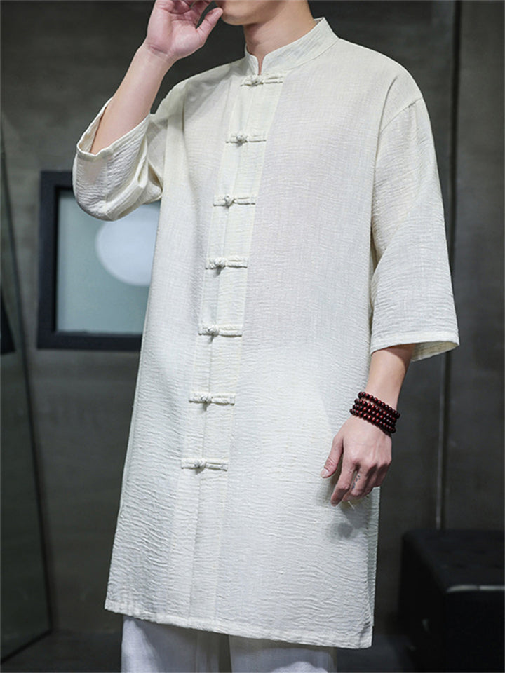 Men's Retro Solid Color Button Up 3/4 Sleeve TangSuit Long Shirt