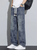 Men's Retro Casual Loose Straight Plaid Denim Pants for Spring Autumn
