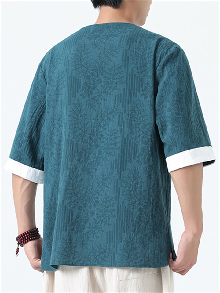 Men's Casual Chinese Style Print Round Collar Half Sleeve Shirt