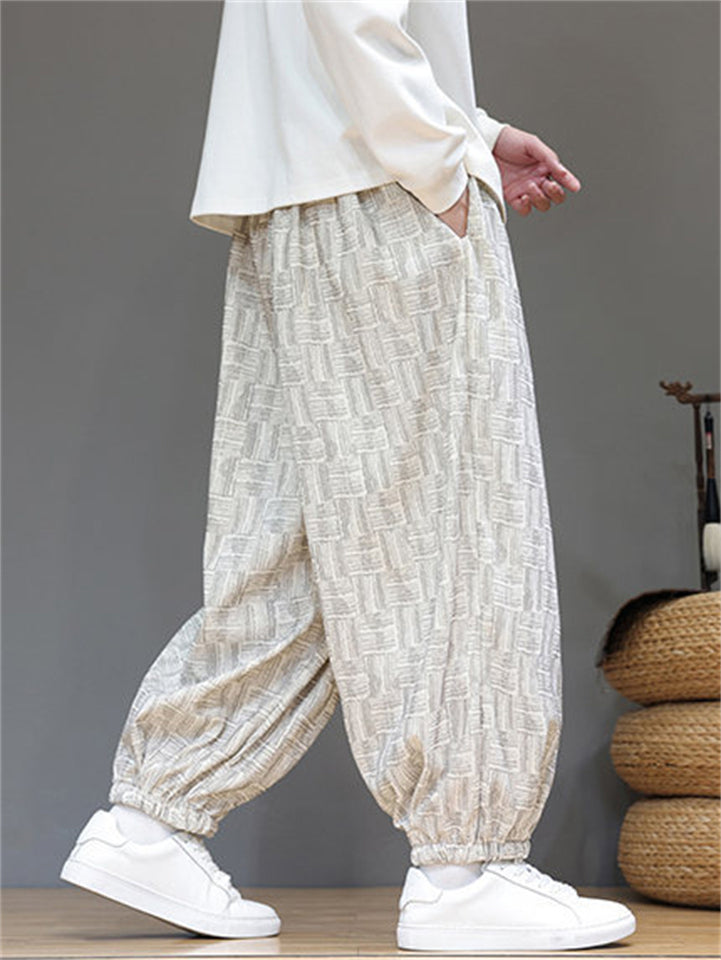 Men's Chinese Style Corduroy Elastic Waist Loose Fit Bloomer Pants