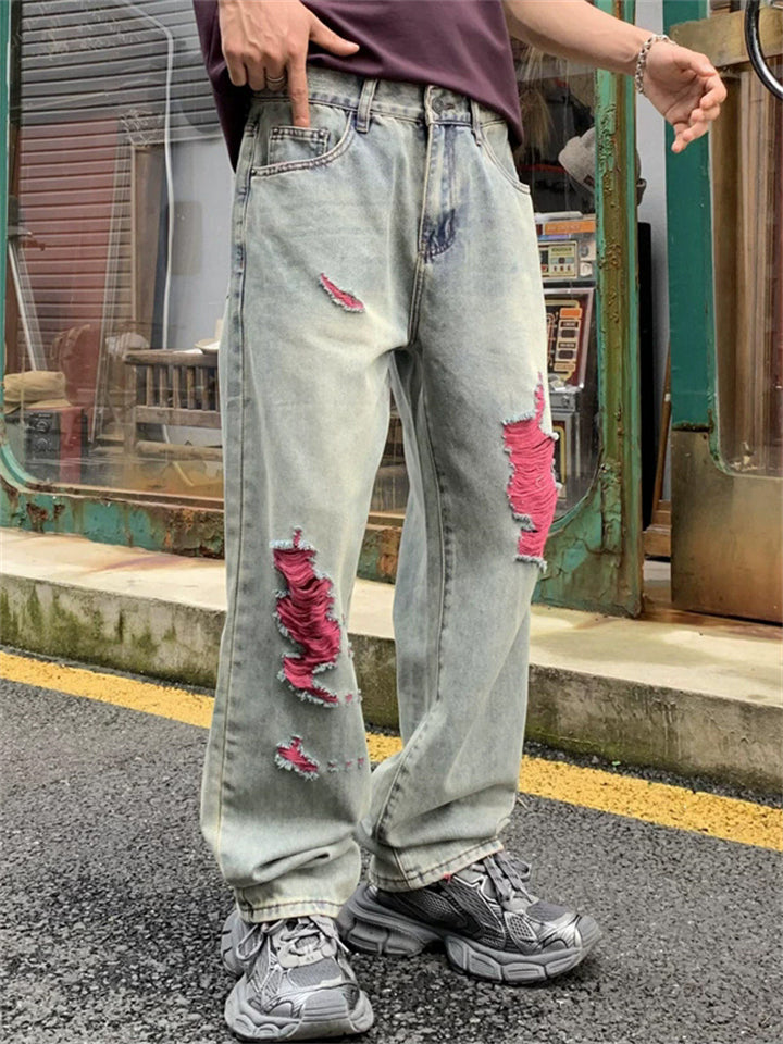 Men's Summer Stylish Trendy Cotton Pink Ripped Jeans