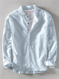 Men's Solid Color Cotton Linen Stand Collar Pullover Long Sleeve Shirts
