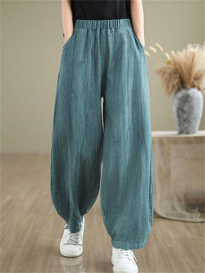 Women's Solid Color Cotton Linen Elastic Waist Wide Leg Pants
