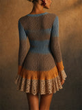 Womens Boho Color Block Crochet Lace Hem Knit Mini Dress
