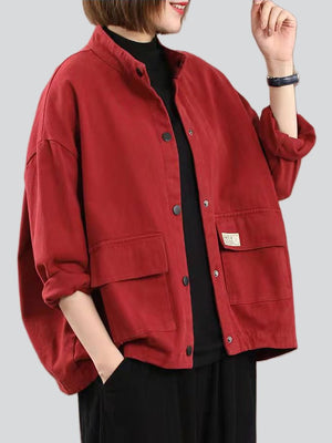 Ladies Simple Stand Collar Pocket Button Up Jacket