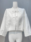Women's Fashion White Jacquard Frog Button Jacket
