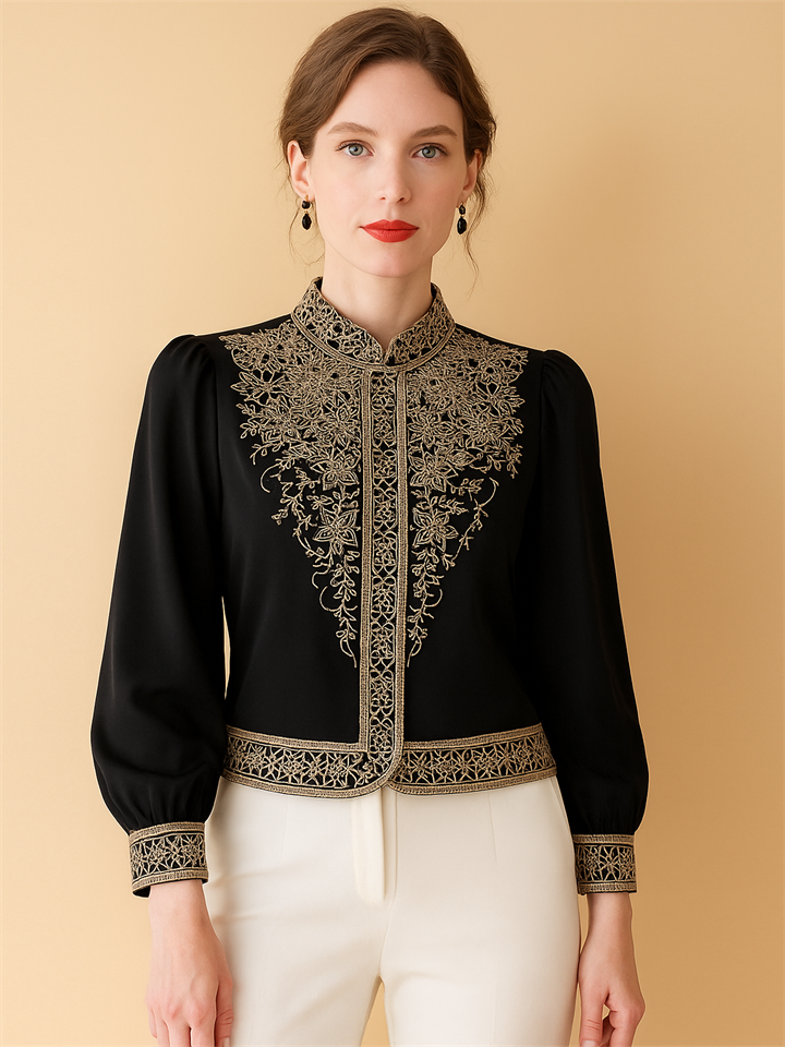 Women's Elegant Hollow Heavy Industry Embroidered Stand Collar Shirts