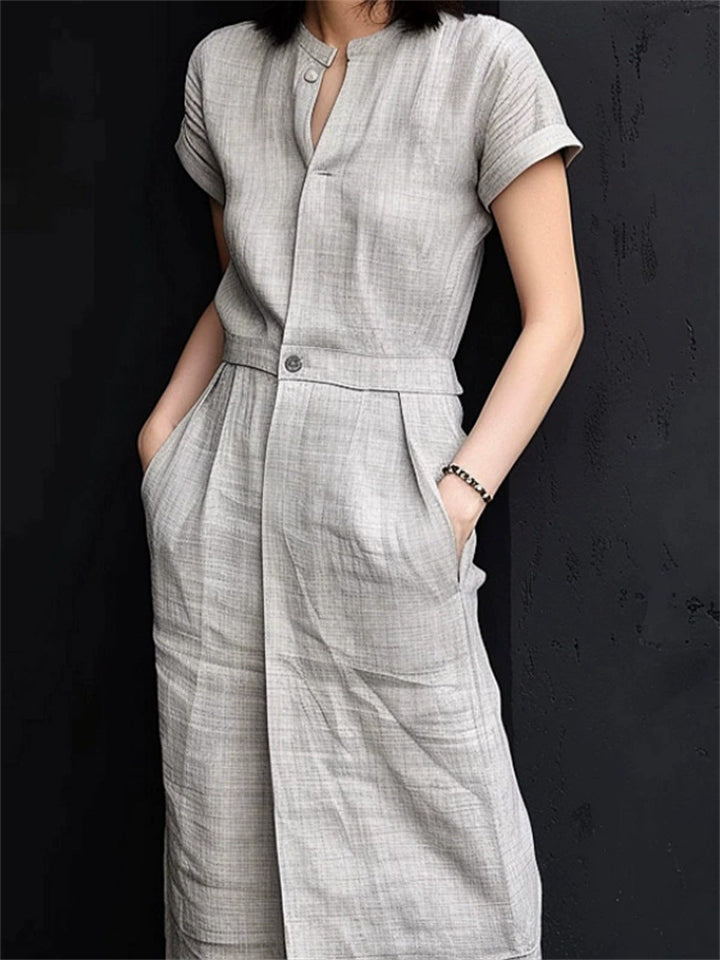 Women's O-Neck Gray Linen Short Sleeve Maxi Dress with Pockets