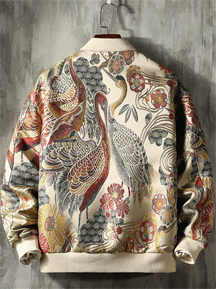 Men's Casual Embroidery Stand collar Long Sleeve Jacket