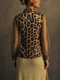 Women Leopard Print Sheer Mesh Button Down Blouse Top