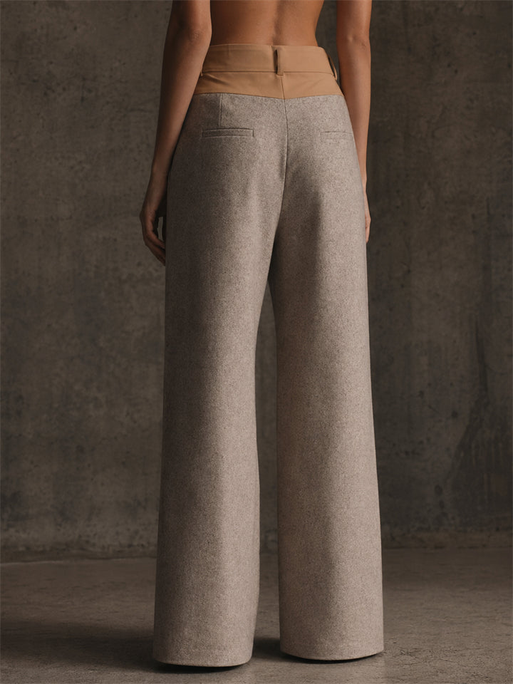 Women's Elegant Contrast Color High Waist Wide Leg Belted Wrap Front Pants