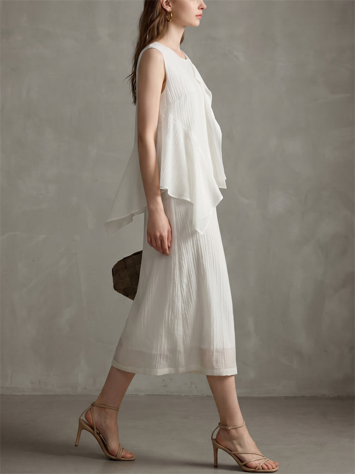 Women's Patchwork Sleeveless Asymmetric Ruffle Top Midi Dress