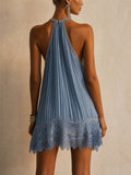 Womens Halter Neck Cold Shoulder Lace Hem Pleated Mini Dress