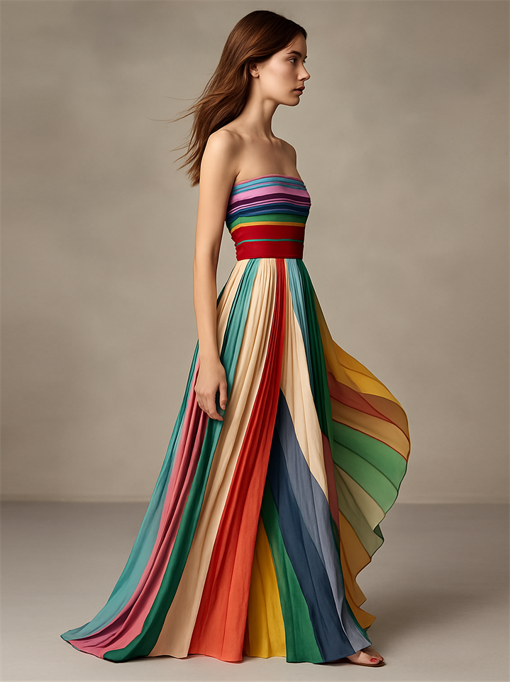Women's Off Shoulder Rainbow Color Striped Flowy Dress