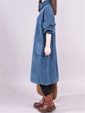 Female Leisure Turtleneck Plush Lining Corduroy Midi Dress