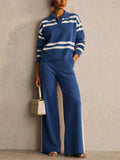 Women Striped 2 Piece Knit Polo Neck Wide Leg Slit Pants Set