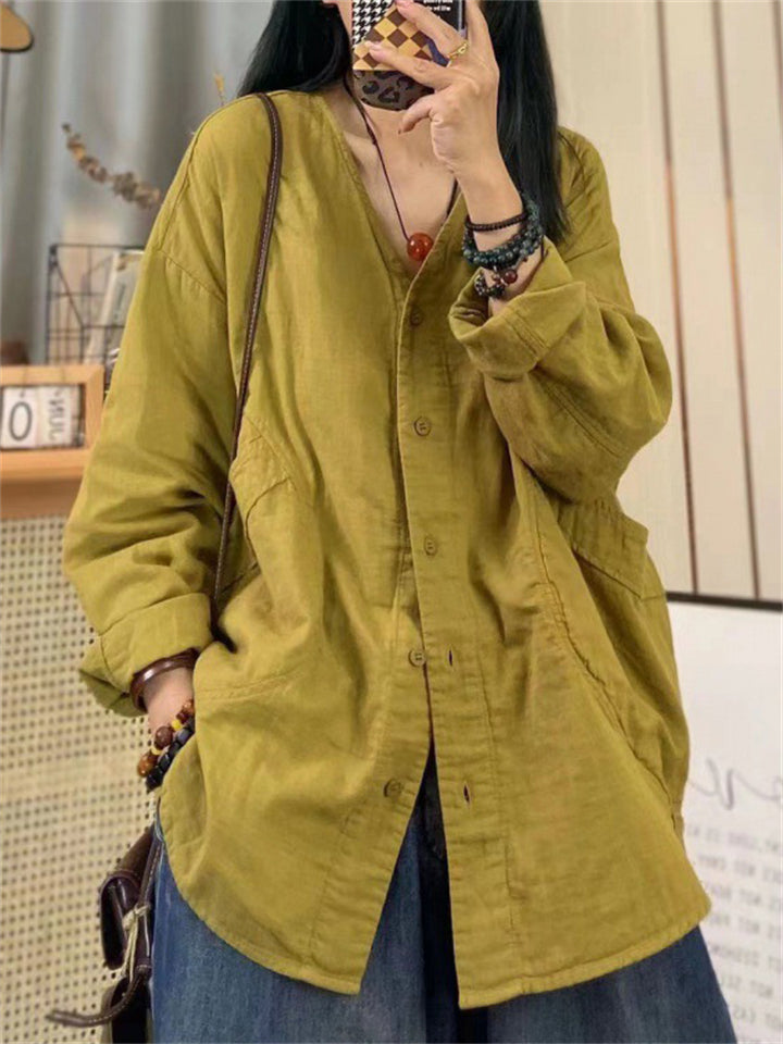Casual Cotton Long Sleeve V-Neck Shirts for Women