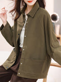 Retro Casual Solid Color Long Sleeve Pockets Jacket for Women