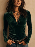 Womens Vintage Velvet Quarter Zip Slim Fit Long Sleeve Top