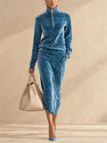 Women Leopard Print Velvet Two Piece Set Zip Up Top and Midi Skirt Outfit