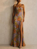 Women 3D Floral Sequins Slit Wedding Guest Gown Formal Prom Dress