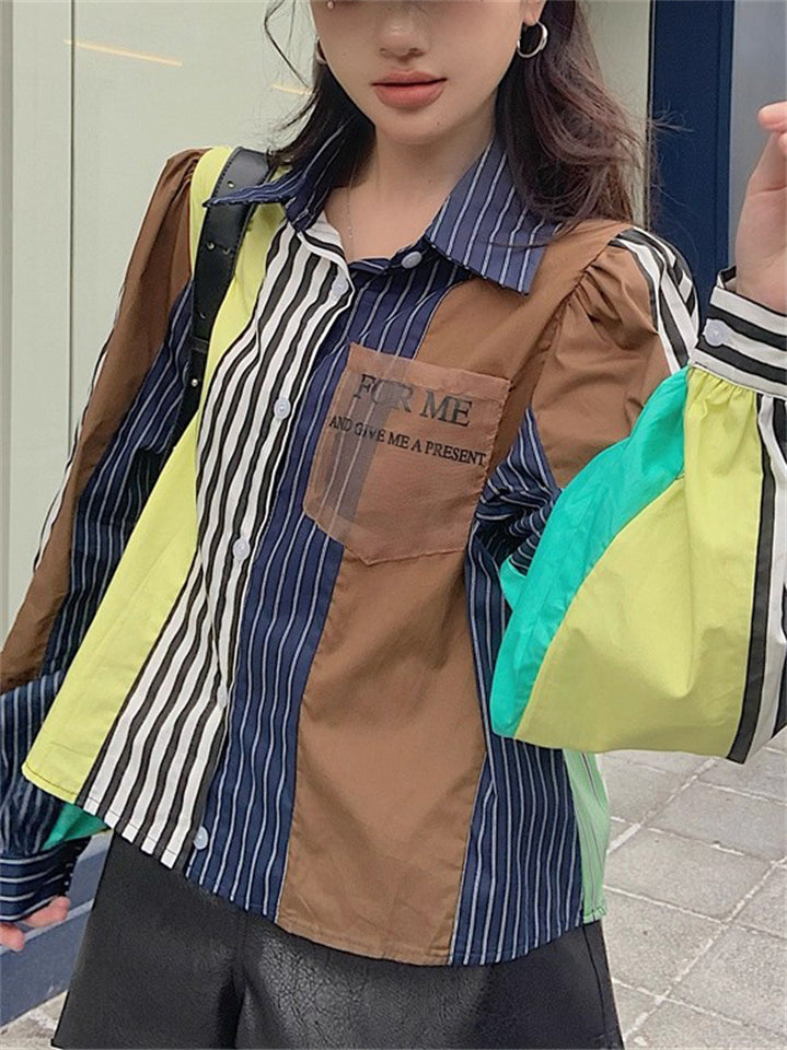 Women's Chic Contrast Color Striped Long Puffed Sleeve Shirts
