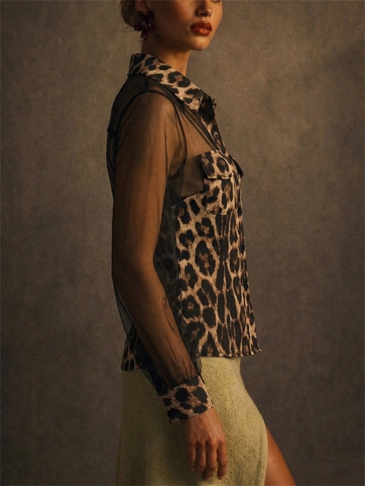 Women Leopard Print Sheer Mesh Button Down Blouse Top