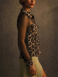 Women Leopard Print Sheer Mesh Button Down Blouse Top