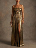 Women Metallic Pleated Backless High Slit Evening Gown