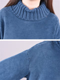 Female Leisure Turtleneck Plush Lining Corduroy Midi Dress