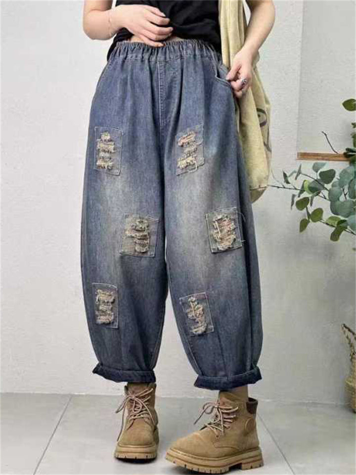 Elastic Waist Wide Leg Ripped Cropped Jeans for Women