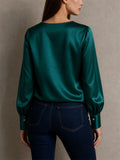Women Faux Pearl Neck Long Sleeve Top Satin Blouse