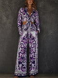 Women's Elegant Majolica Print Satin 2 Piece Wide Leg Resort Suit