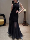 Women's Elegant Solid Color Hollow Patchwork Sleeveless Dress