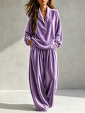 Women Velvet Lounge Set Half Button Notch Collar Top and Wide Leg Pants
