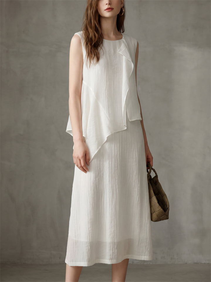 Women's Patchwork Sleeveless Asymmetric Ruffle Top Midi Dress