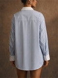 Women Blue Striped Oversized Button Down Contrast Shirts