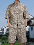 Men's Summer Chinese Zen Style Stand Collar Short Sleeve Suit Set with Leaves Print